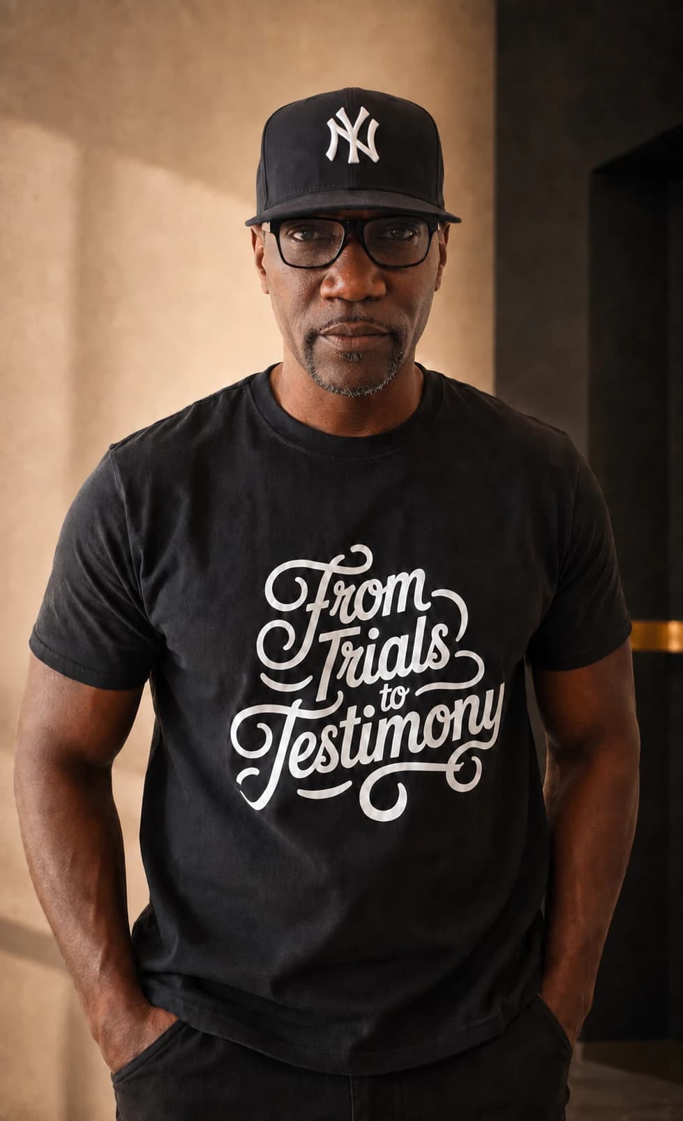 AI-assisted editorial image of Michael E. Martin Jr. wearing a black From Trials to Testimony shirt