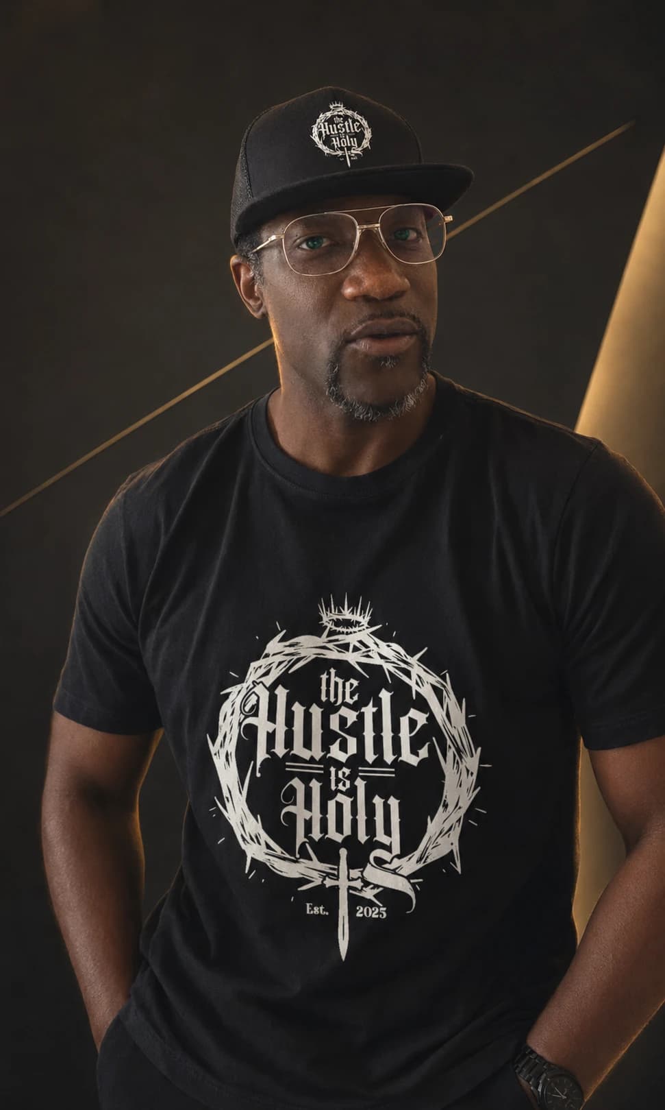 AI-assisted editorial image of Michael E. Martin Jr. wearing a black The Hustle Is Holy Founder’s Edition shirt